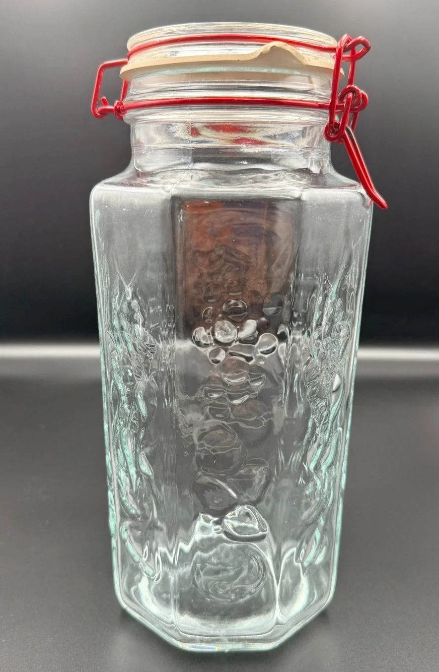 Vintage Glass Storage Jar Octagon Embossed Fruits Vegetable France Red Wire Bale